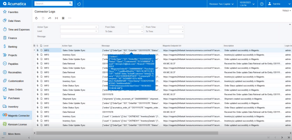 Updated SO in the Acumatica Connector Logs